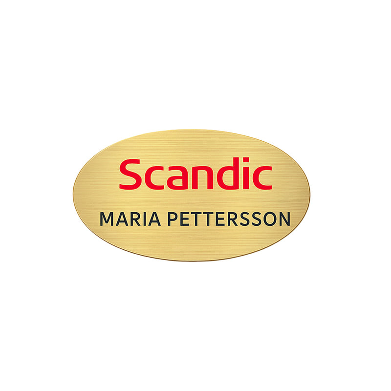 Namnbricka oval i guldfärgat aluminium 60x38mm – Profileproduction