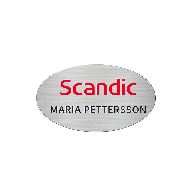 Namnbricka oval i silverfärgat aluminium 60x38mm – Profileproduction